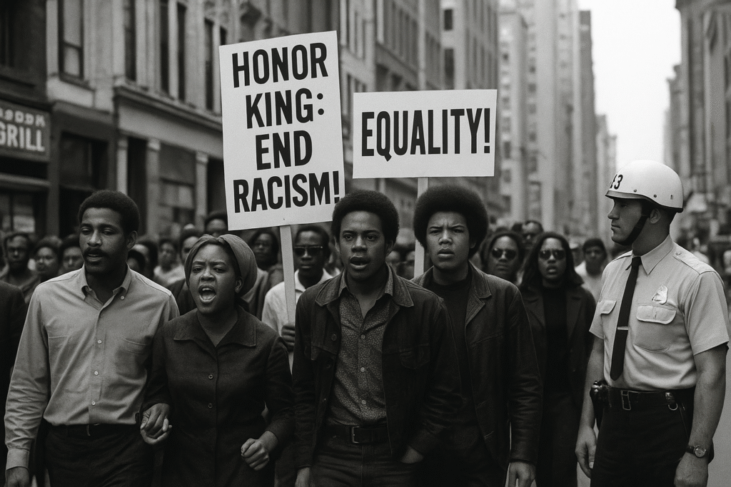 A black and white photograph captures a civil rights protest in 1969, with diverse demonstrators holding signs advocating for justice and equality.