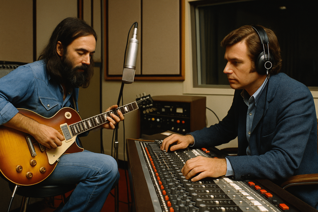 A 1969 recording session showing a guitarist playing a Les Paul while a producer adjusts levels on a large analog mixing console in a retro studio.