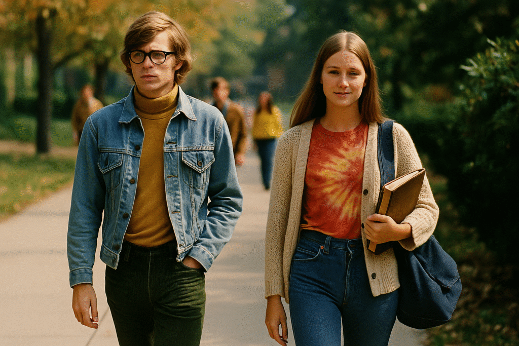 A teenage boy and girl walking side by side on a leafy sidewalk in 1969, wearing bell-bottoms, a tie-dye shirt, and denim jacket, evoking late-'60s youth fashion and identity.