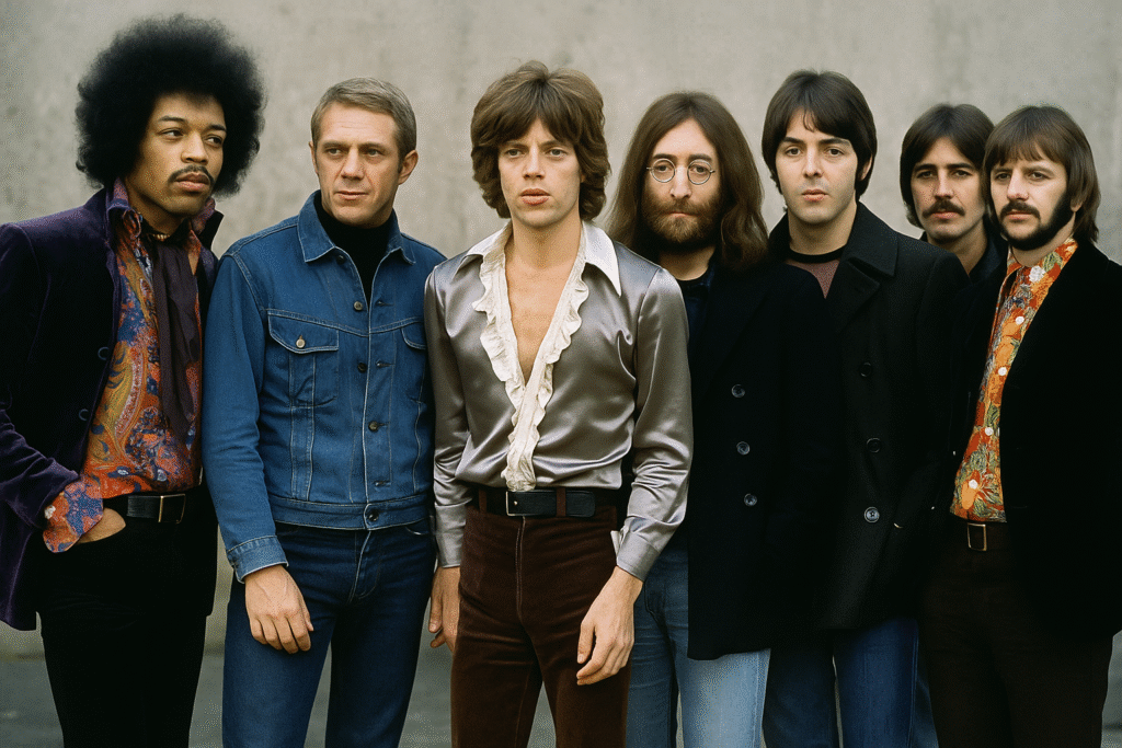 Composite image of 1969 male fashion icons including Jimi Hendrix, Steve McQueen, Mick Jagger, and The Beatles.