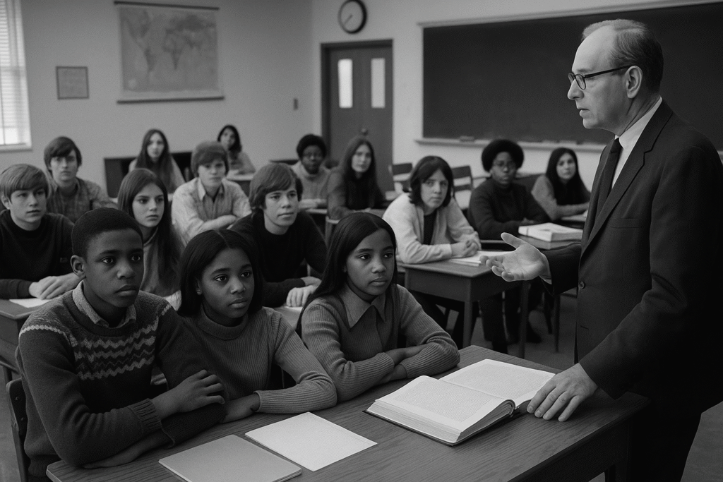 A black and white photograph captures a classroom scene from 1969 with students sitting at wooden desks and a chalkboard in the background.
