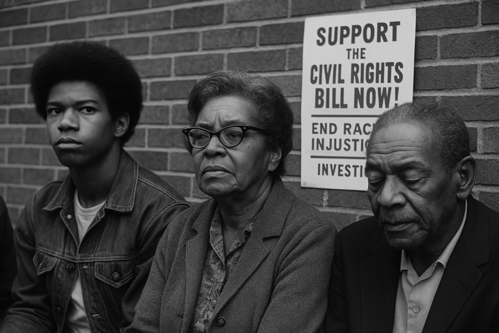 A black and white photograph from 1969 shows three African American individuals sitting solemnly in front of a brick wall beside a sign that reads "Support the Civil Rights Bill Now! End Racial Injustice."