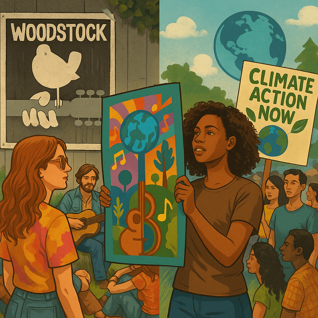 Split illustration of the 1969 Woodstock festival and a modern-day climate rally, showing young people with posters advocating for peace, music, and environmental action.