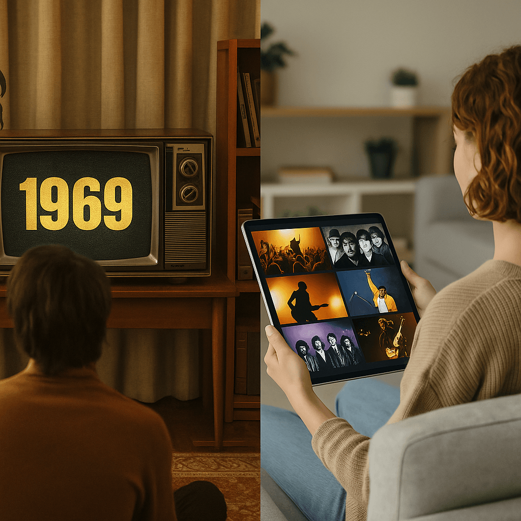 Split image showing a man watching a 1969 rock broadcast on a vintage TV, contrasted with a modern woman viewing rock band images on a tablet in a contemporary living room.