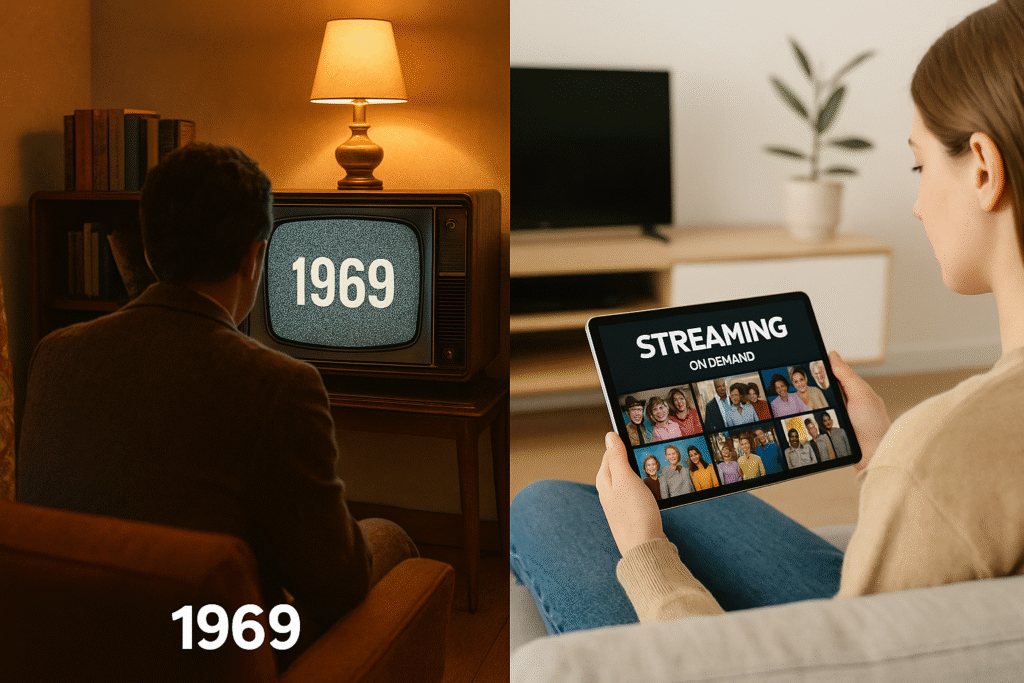 Split image showing a man watching a CRT television in 1969 and a modern woman streaming TV shows on a tablet in a contemporary living room.