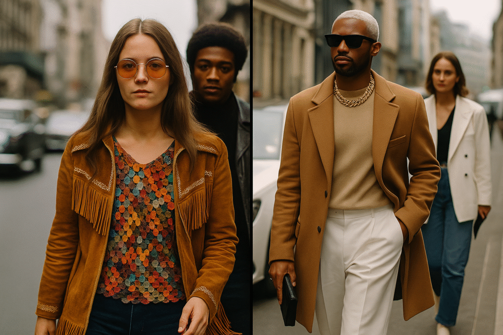 Side-by-side comparison of fashion icons from 1969 and modern designers influenced by their style.