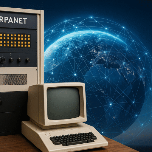 Composite digital illustration showing the evolution of the internet from ARPANET terminals to modern global connectivity, symbolizing the birth and transformation of online communication.