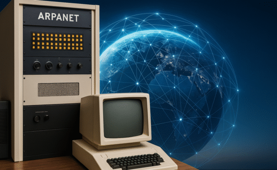 Composite digital illustration showing the evolution of the internet from ARPANET terminals to modern global connectivity, symbolizing the birth and transformation of online communication.