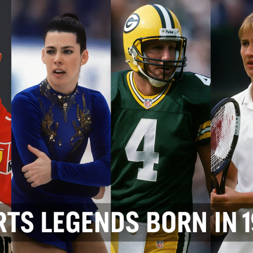 A composite photograph features four sports legends born in 1969, including Steffi Graf, Michael Schumacher, Nancy Kerrigan, and Brett Favre, representing tennis, Formula One, figure skating, and American football.
