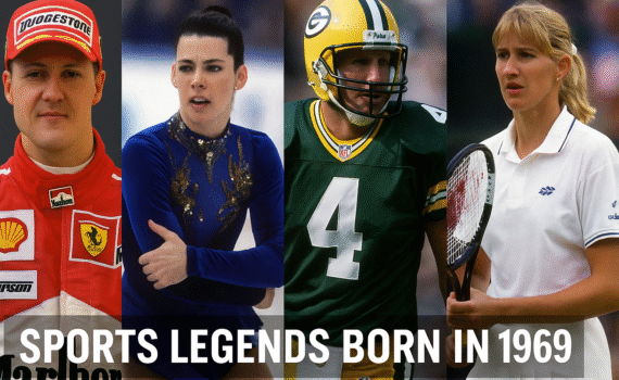 A composite photograph features four sports legends born in 1969, including Steffi Graf, Michael Schumacher, Nancy Kerrigan, and Brett Favre, representing tennis, Formula One, figure skating, and American football.
