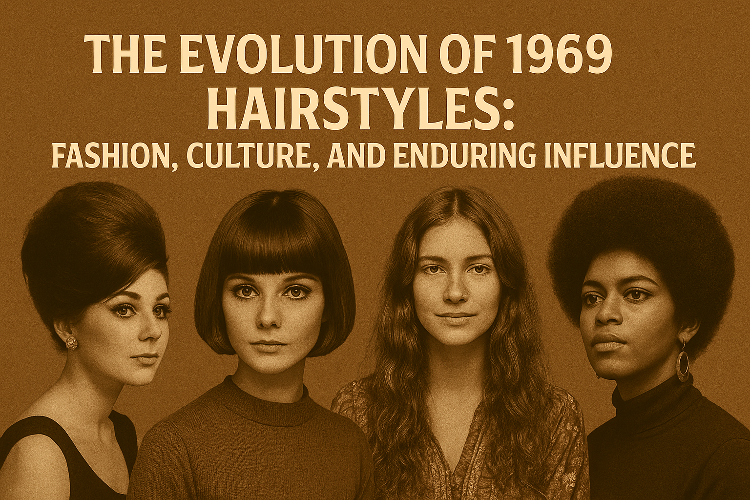 A digital collage of 1969 hairstyles, featuring vintage portraits of diverse men and women with beehives, Afros, long wavy hair, and mod cuts under a sepia-toned banner titled "THE EVOLUTION OF 1969 HAIRSTYLES".