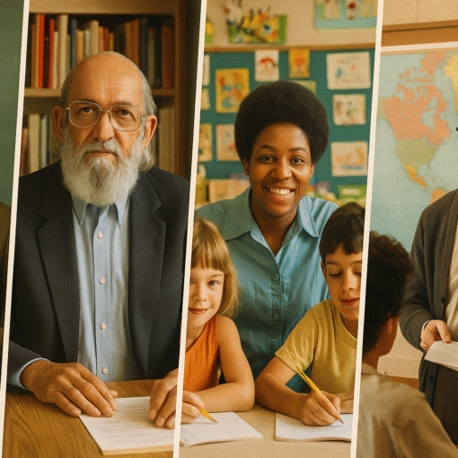 Collage of four vintage-style color photographs showing influential educators from 1969 in diverse classroom and community settings.