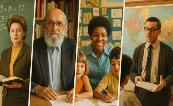 Collage of four vintage-style color photographs showing influential educators from 1969 in diverse classroom and community settings.