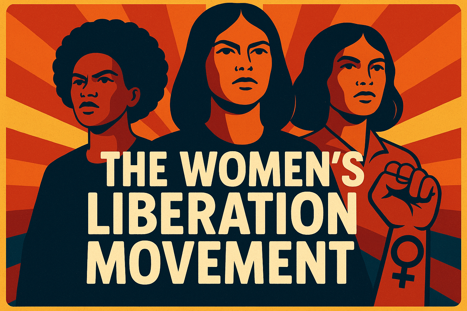 Retro-inspired collage representing the Women’s Liberation Movement of the late 1960s and 1970s, featuring diverse women in protest, bold graphic shapes, and vibrant colors in a horizontal layout.