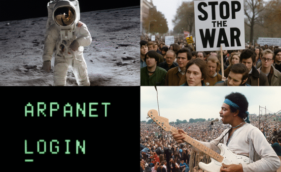 Collage of four major events from 1969, including the Apollo 11 Moon landing, Woodstock festival, Vietnam War protests, and the first ARPANET connection.