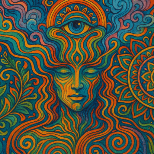Traditional psychedelic painting with vibrant symmetrical mandala and swirling neon patterns