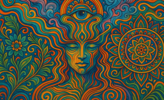 Traditional psychedelic painting with vibrant symmetrical mandala and swirling neon patterns