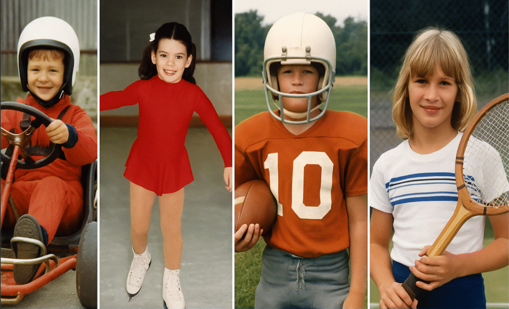 Childhood photographs of sports legends Michael Schumacher, Nancy Kerrigan, Brett Favre, and Steffi Graf