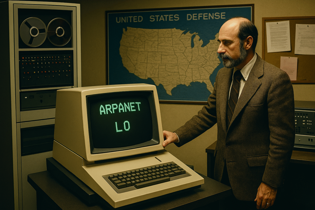 A 1960s-era computer room depicting early ARPANET infrastructure, with vintage terminals, cables, and researchers working at control panels.