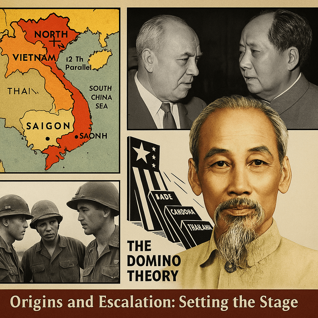 A historical collage depicting the early stages of the Vietnam War, including French colonial soldiers, Ho Chi Minh speaking to a crowd, a 1954 Geneva Accords map dividing Vietnam, and an image of a U.S. Navy ship during the Gulf of Tonkin incident.