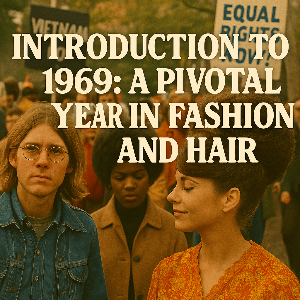 Retro-style graphic image with silhouettes of 1960s men and women showcasing various iconic hairstyles, accompanied by text that reads "Introduction to 1969: A Pivotal Year in Fashion and Hair".