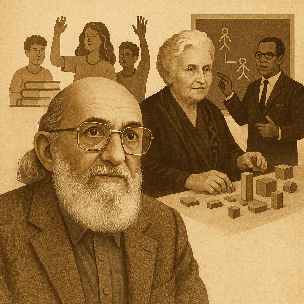 A collage-style digital illustration features Paulo Freire, Dr. James P. Comer, and Maria Montessori, symbolizing educational innovation in 1969