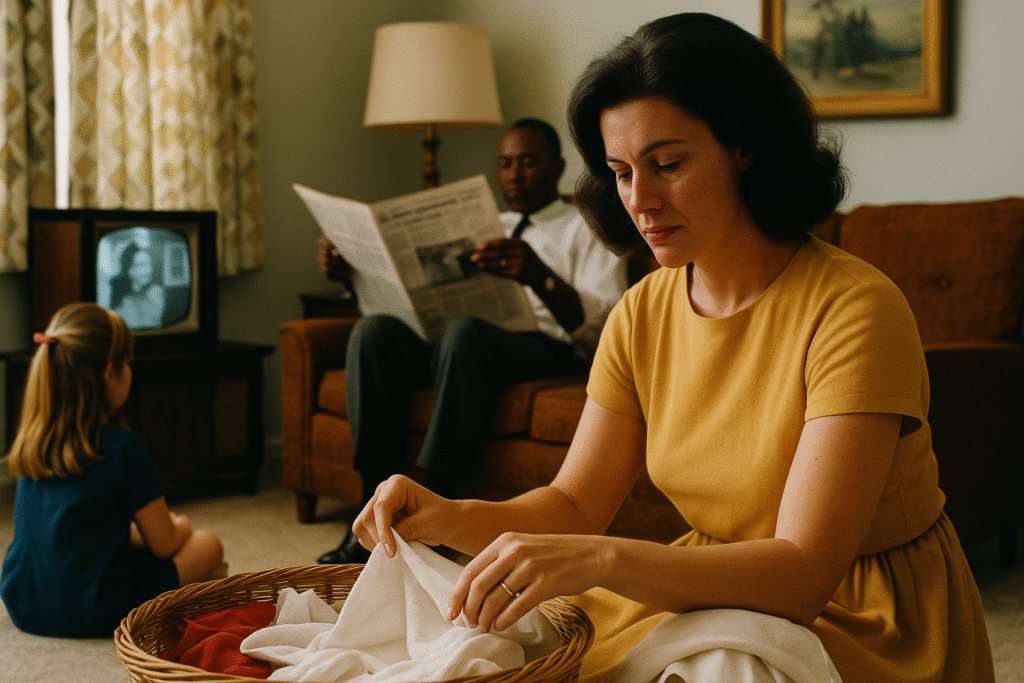 Mid-20th century suburban living room with woman folding laundry, man reading newspaper, and girl watching television