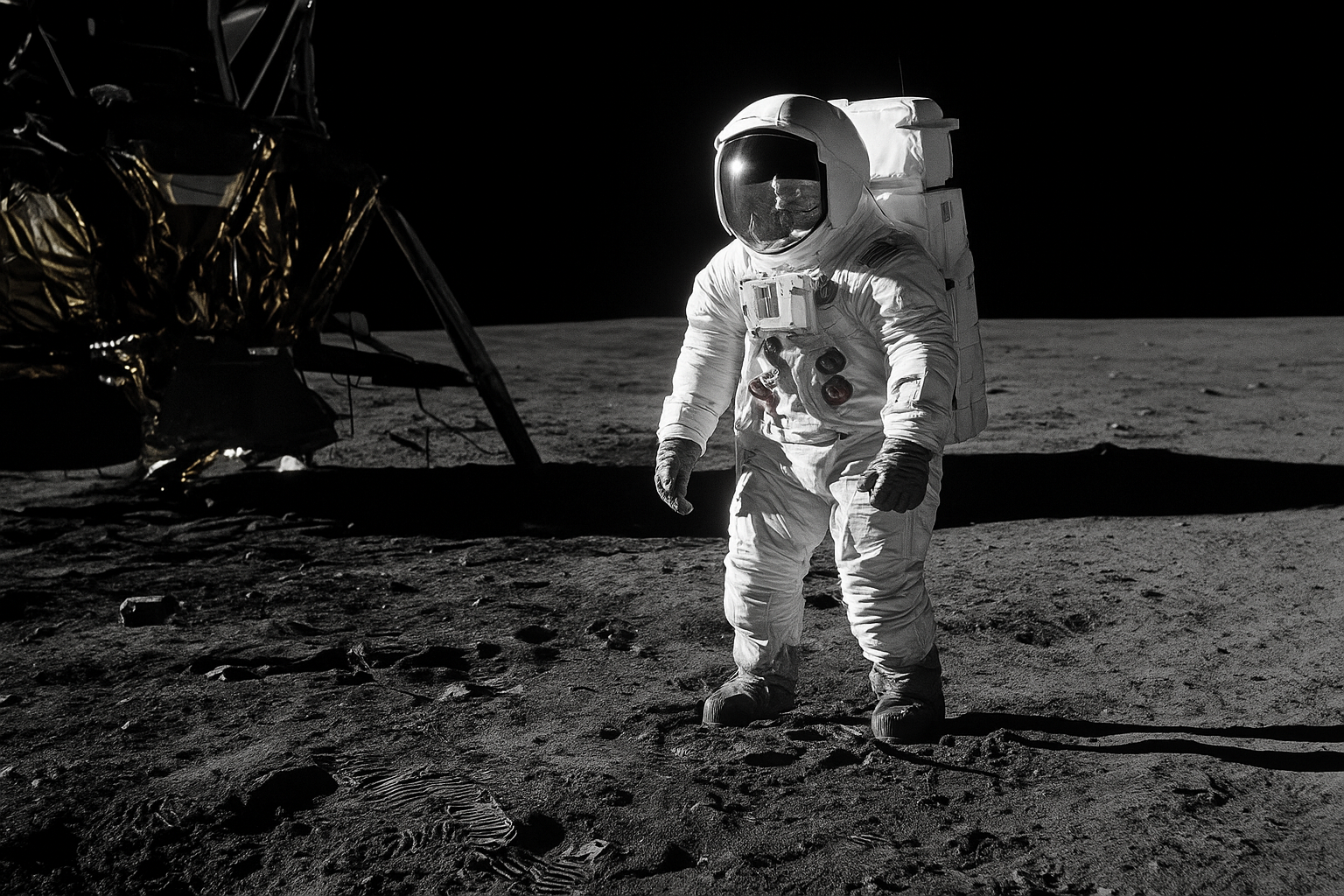 Black and white photo of astronaut Neil Armstrong on the Moon during Apollo 11, with the lunar module in the background.