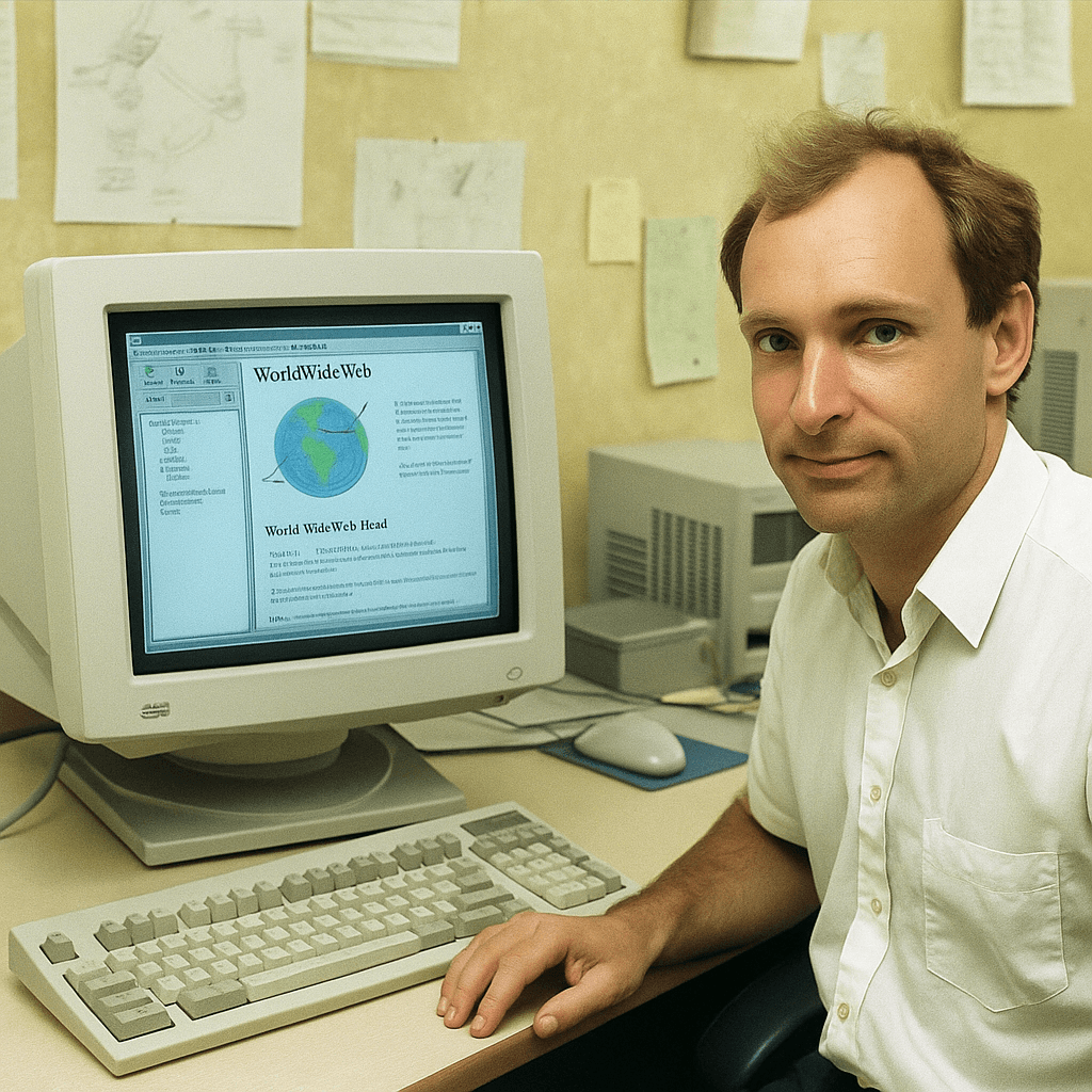 Tim Berners-Lee working on an early web server and computer in the 1990s, symbolizing the birth of the World Wide Web.