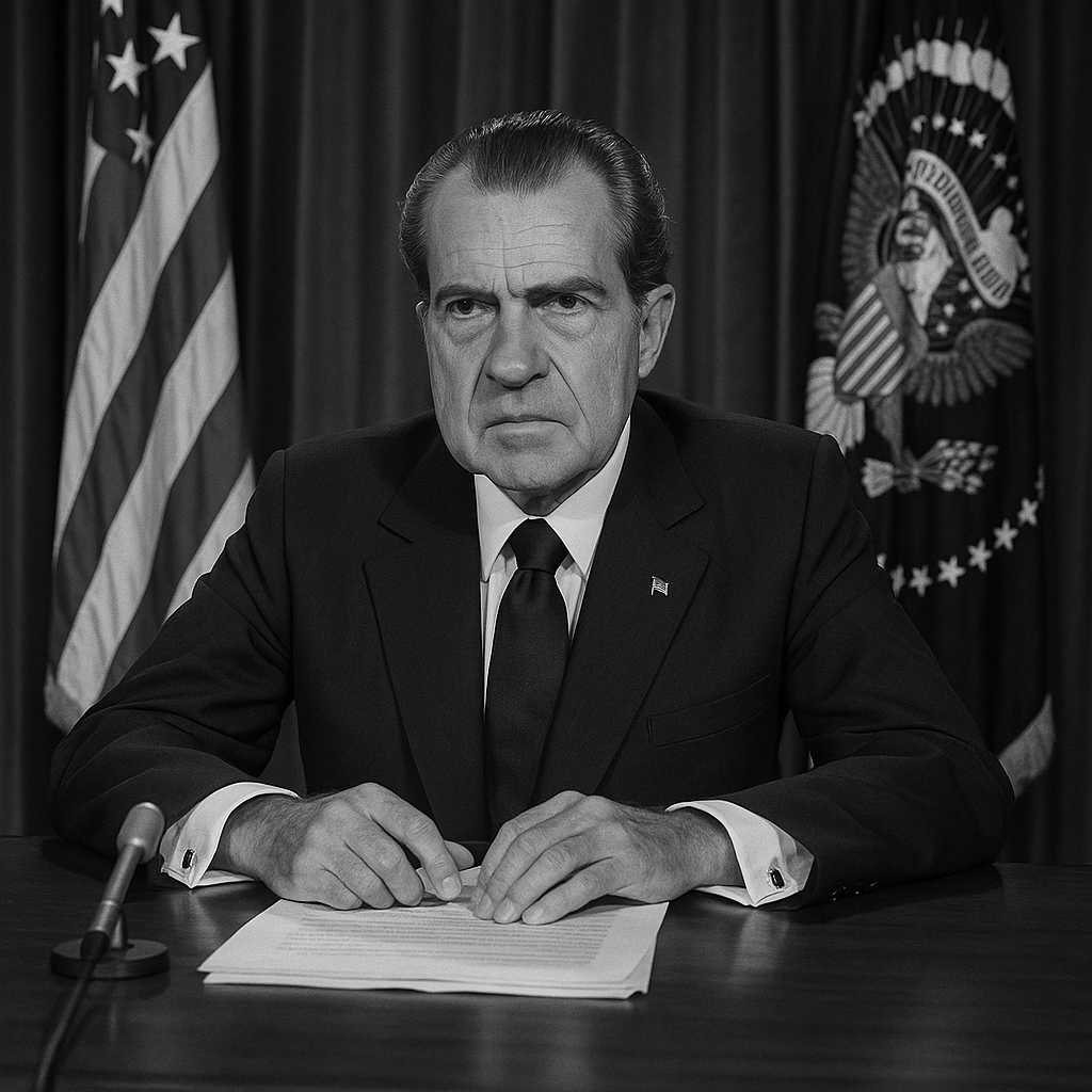 President Richard Nixon delivers a televised address on the Vietnam War from the Oval Office, 1969.