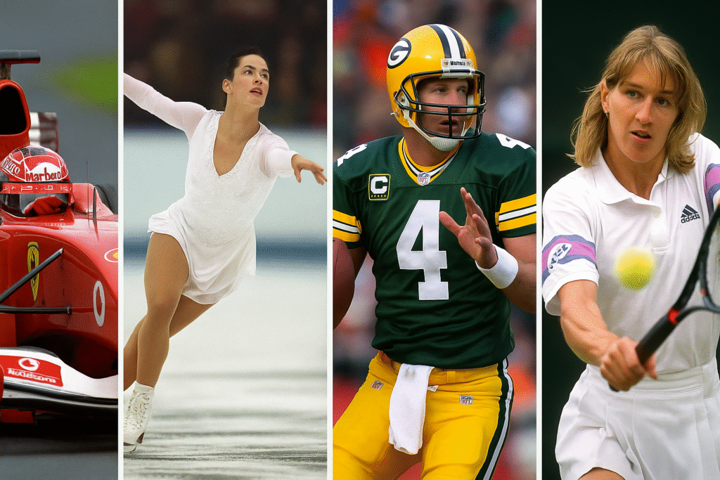 A collage of four action shots featuring Michael Schumacher racing in Formula One, Nancy Kerrigan performing a figure skating routine, Brett Favre throwing a football in an NFL game, and Steffi Graf serving during a professional tennis match.