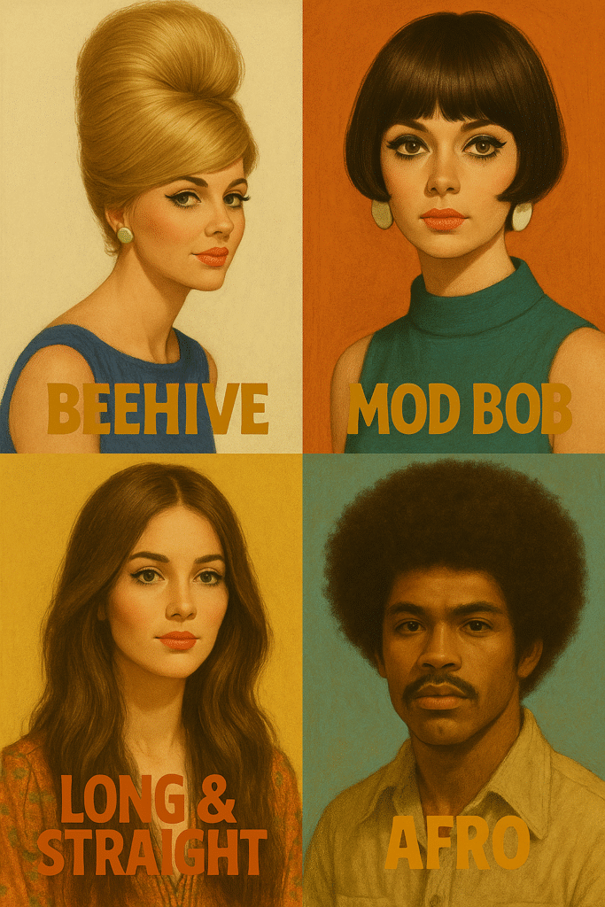 A collage of four portraits showcasing iconic 1969 hairstyles, including a beehive, a mod bob, long natural hippie hair, and a voluminous Afro.
