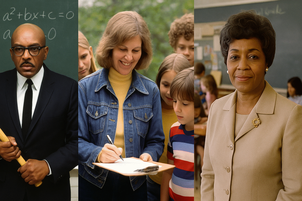 Collage of three diverse visionary educators from the late 1960s, engaged in classroom or school-related activities.