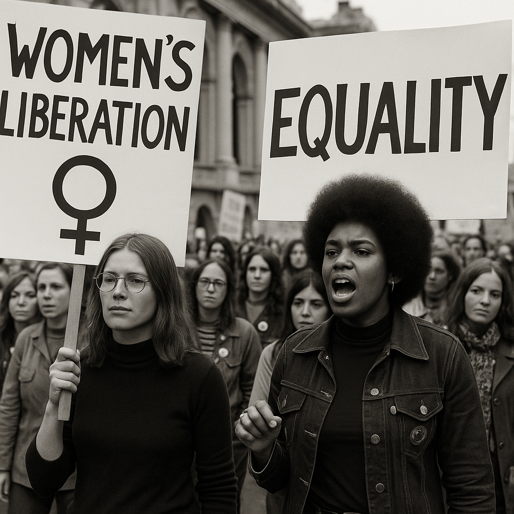 Protest scene from the late 1960s Women’s Liberation Movement with women holding signs and banners advocating equality.