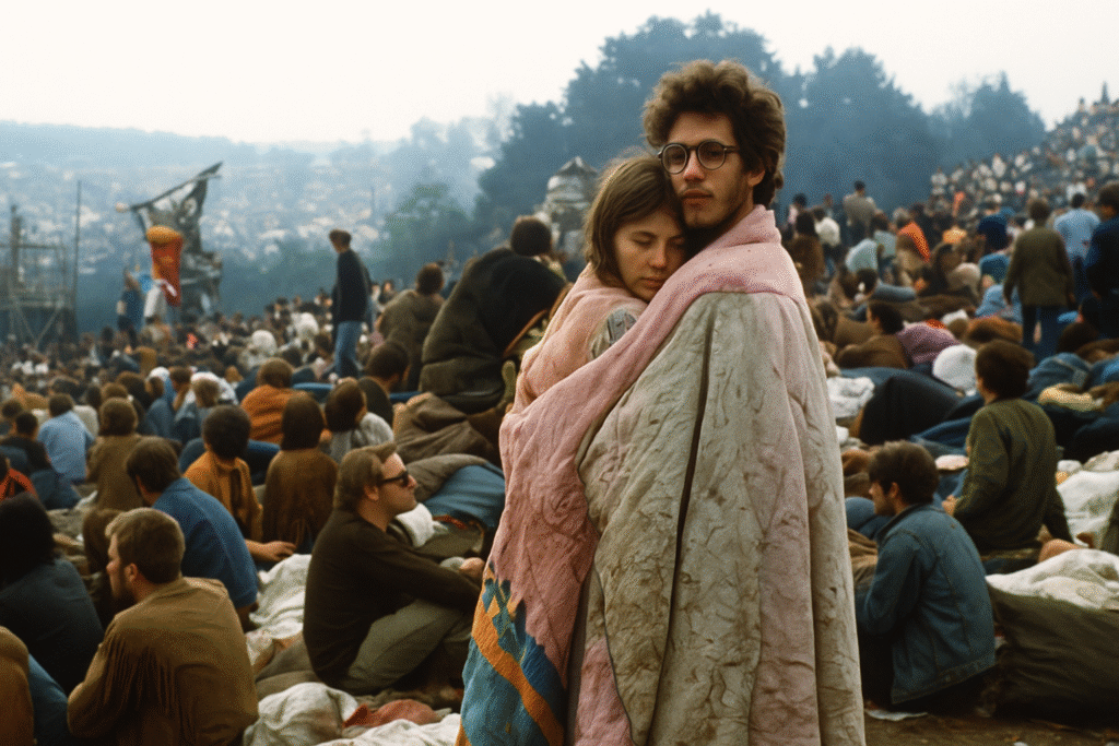 Young couple wrapped in a blanket at Woodstock 1969 surrounded by festivalgoers
Title: Iconic Woodstock Couple, 1969