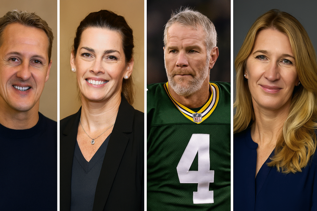 A collage of four photographs features sports legends Michael Schumacher, Nancy Kerrigan, Brett Favre, and Steffi Graf during personal and philanthropic moments outside their professional careers.