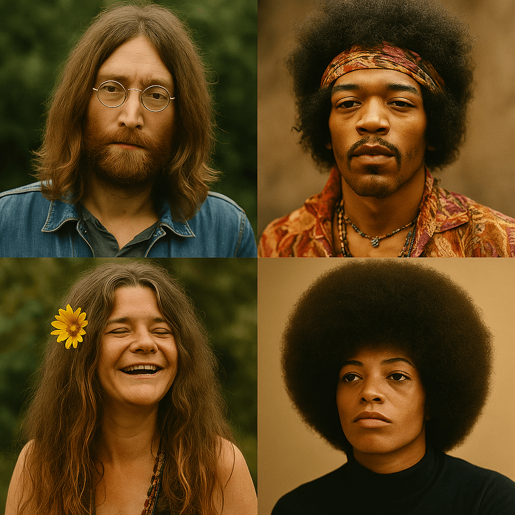 A collage of four iconic figures from 1969 showcasing diverse hairstyles, including long wavy locks, Afros, and flower-adorned hair, representing the influence of music and cultural movements.