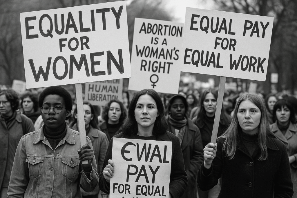 Protesters during the Women’s Liberation Movement holding signs advocating for equal pay, reproductive rights, and gender equality, early 1970s.