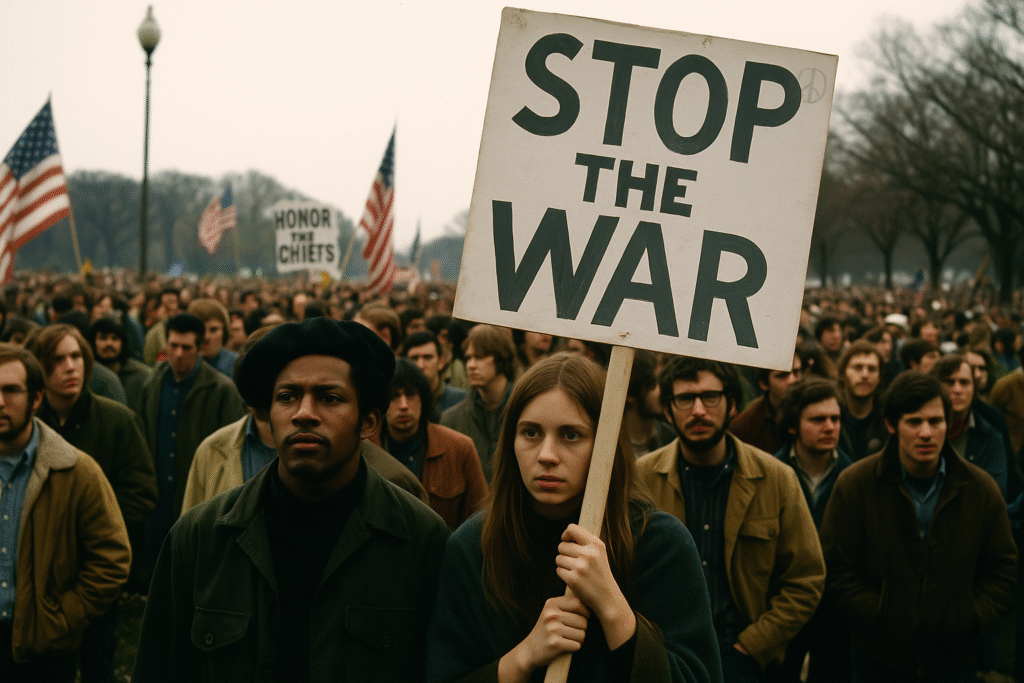 Massive anti-war protest in Washington, D.C., 1969, with demonstrators holding banners and signs calling for peace and justice.