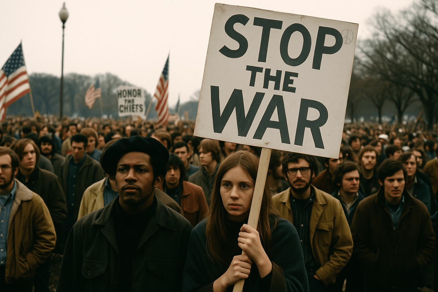 Anti-war demonstrators in Washington, D.C., demand peace and justice during one of 1969's largest protests. Massive anti-war protest in Washington, D.C., 1969, with demonstrators holding banners and signs