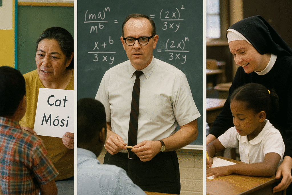 A collage of three vintage-style photographs featuring lesser-known educators from 1969 in diverse classroom and community settings.