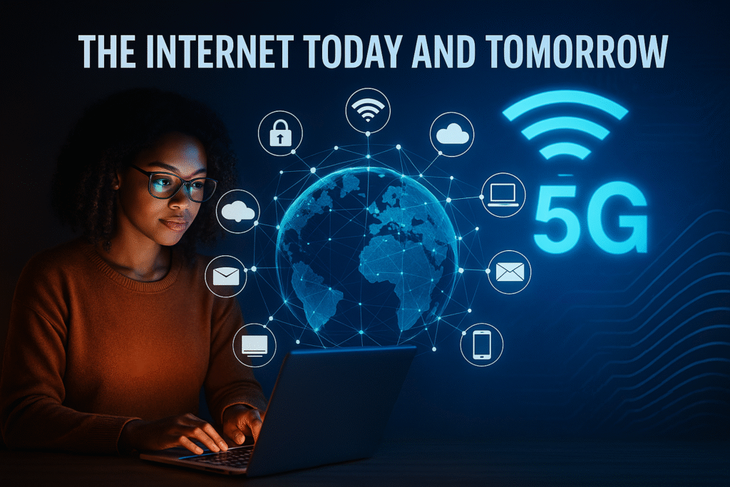 A digital composite image illustrating the current and future state of the internet, featuring glowing data streams, AI elements, IoT devices, and futuristic interfaces in a connected cityscape.