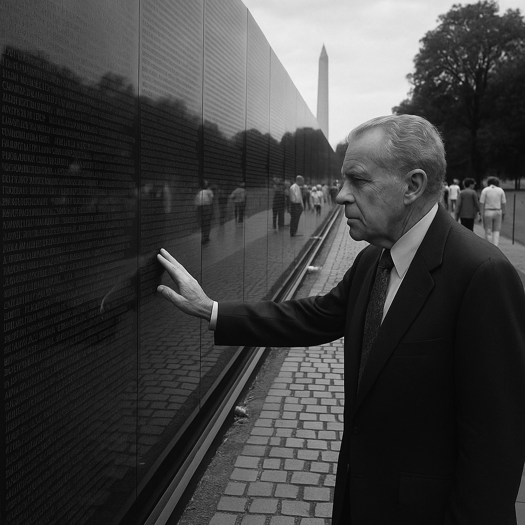 An elderly man in a suit touches a name on the Vietnam Veterans Memorial wall in Washington, D.C., reflecting solemnly.
