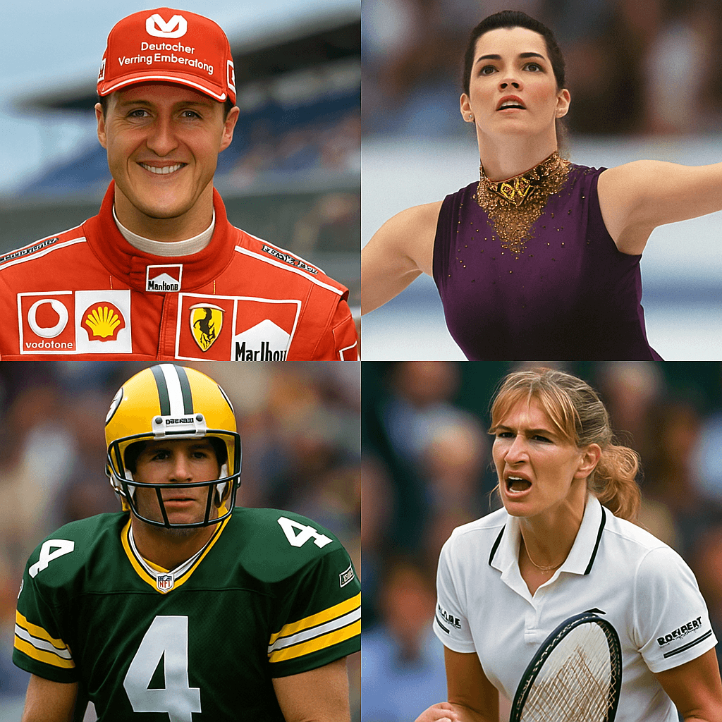 A collage of four photographs showing sports legends Michael Schumacher, Nancy Kerrigan, Brett Favre, and Steffi Graf, each in their iconic sports environment.