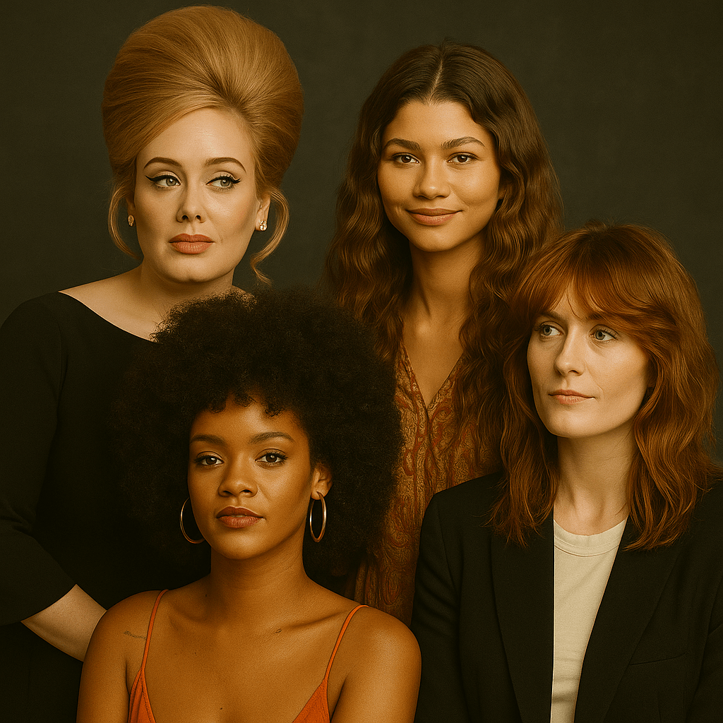 Four modern women showcasing 1969-inspired hairstyles, including an Afro, beehive, long natural waves, and a mod bob.