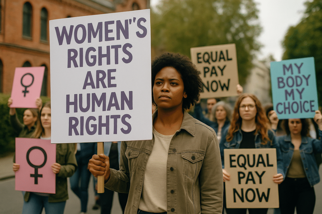 Young African American woman speaking passionately at a modern feminist rally, surrounded by diverse protesters holding signs