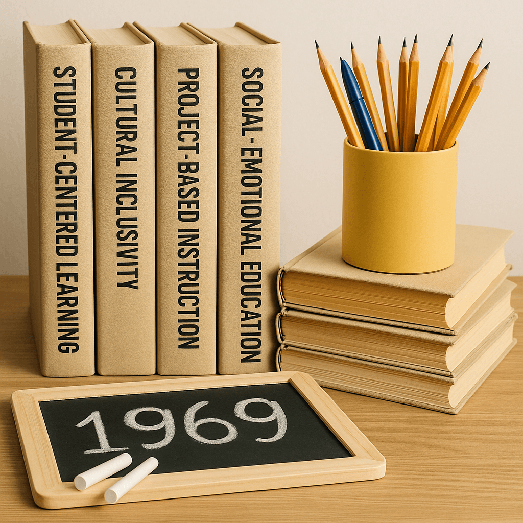 Educational materials and framed portraits representing legacy educators of 1969