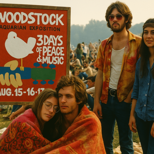 Young festival-goers at Woodstock 1969 pose near the official event poster, wrapped in a blanket under the sun, with crowds stretching out behind them.