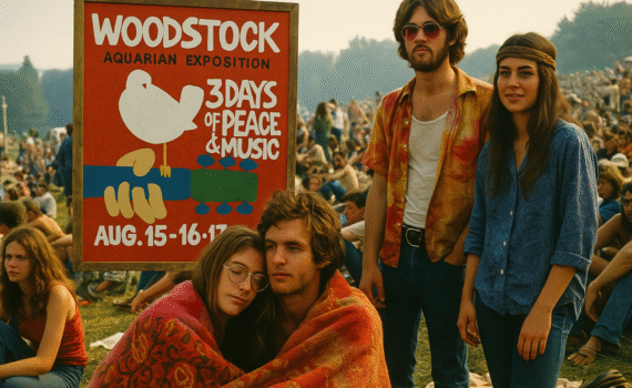 Young festival-goers at Woodstock 1969 pose near the official event poster, wrapped in a blanket under the sun, with crowds stretching out behind them.